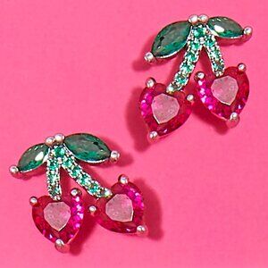 Cherry Stud Earrings with Pink and Green Gemstone